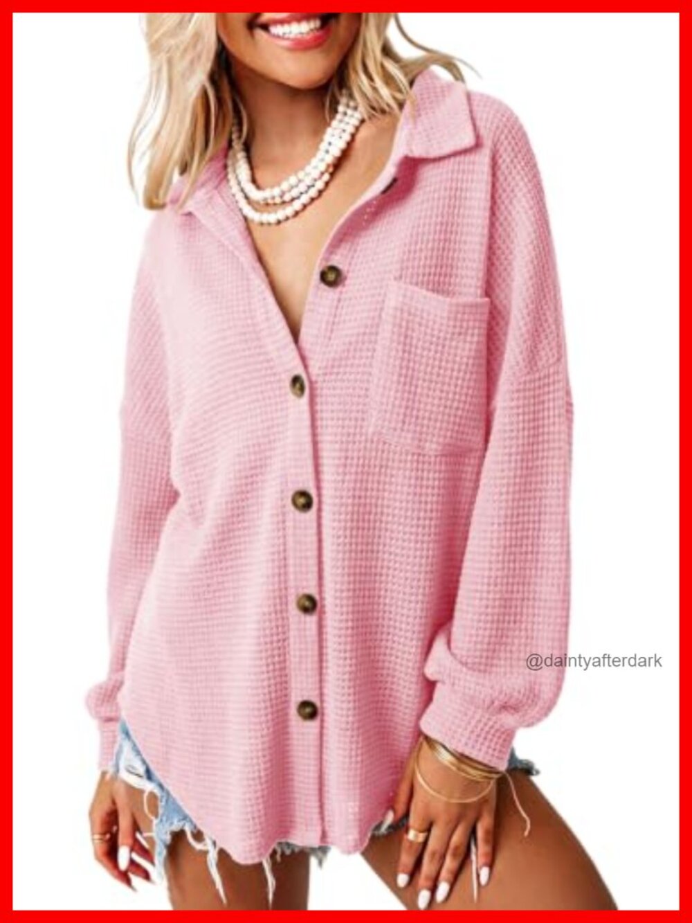 Waffle Knit Button Down Shacket Oversized Boyfriend Shirt